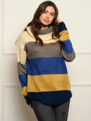 WOMEN'S LONG SLEEVES COLOR BLOCK TURTLE NECK SWEATER