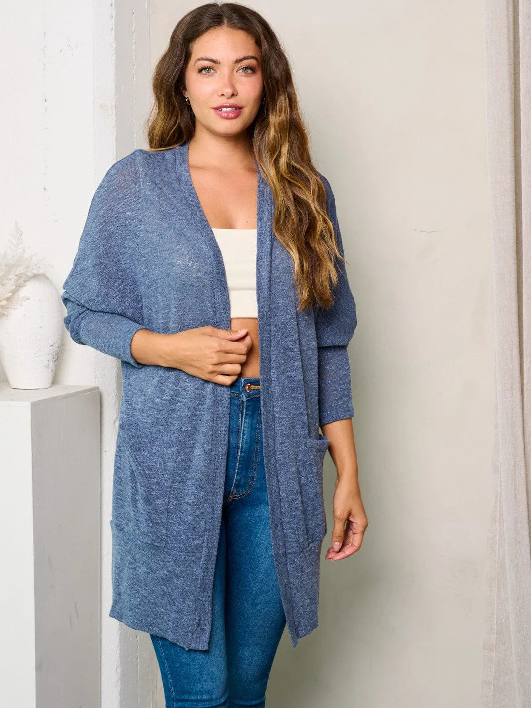 WOMEN'S LONG SLEEVES OPEN FRONT POCKETS WASHED CARDIGAN