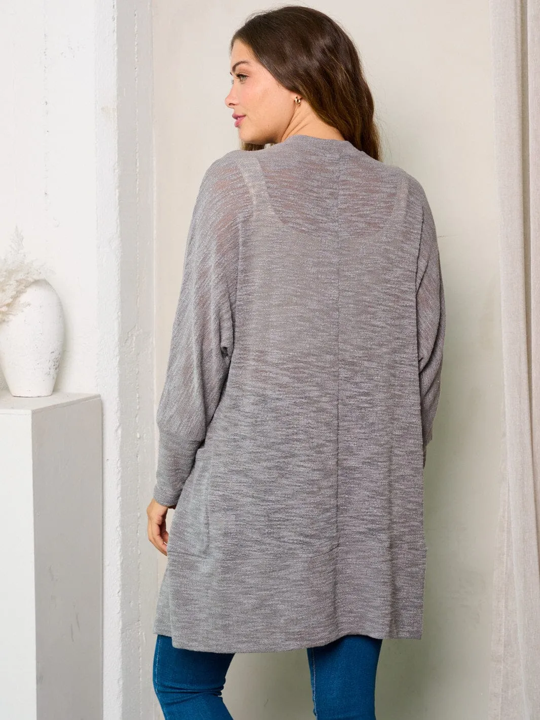 WOMEN'S LONG SLEEVES OPEN FRONT POCKETS WASHED CARDIGAN