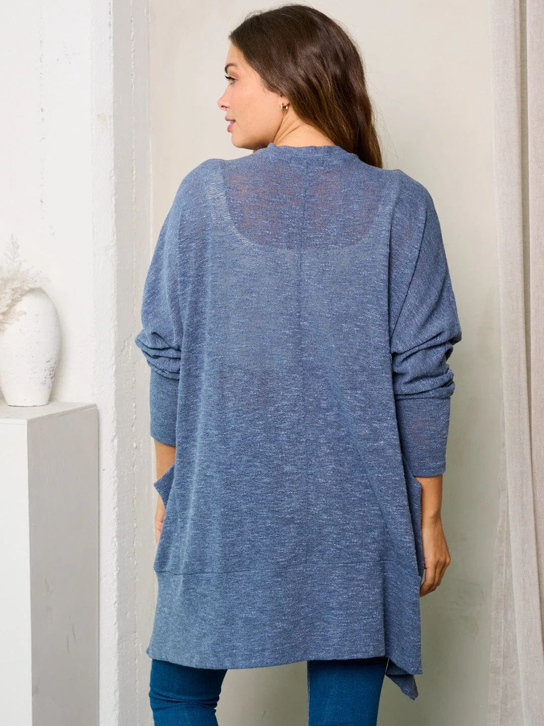 WOMEN'S LONG SLEEVES OPEN FRONT POCKETS WASHED CARDIGAN