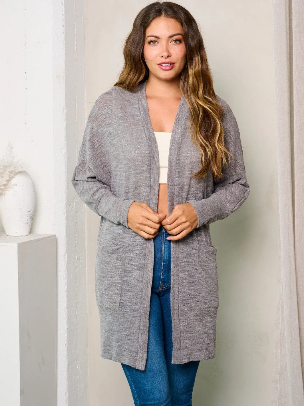 WOMEN'S LONG SLEEVES OPEN FRONT POCKETS WASHED CARDIGAN