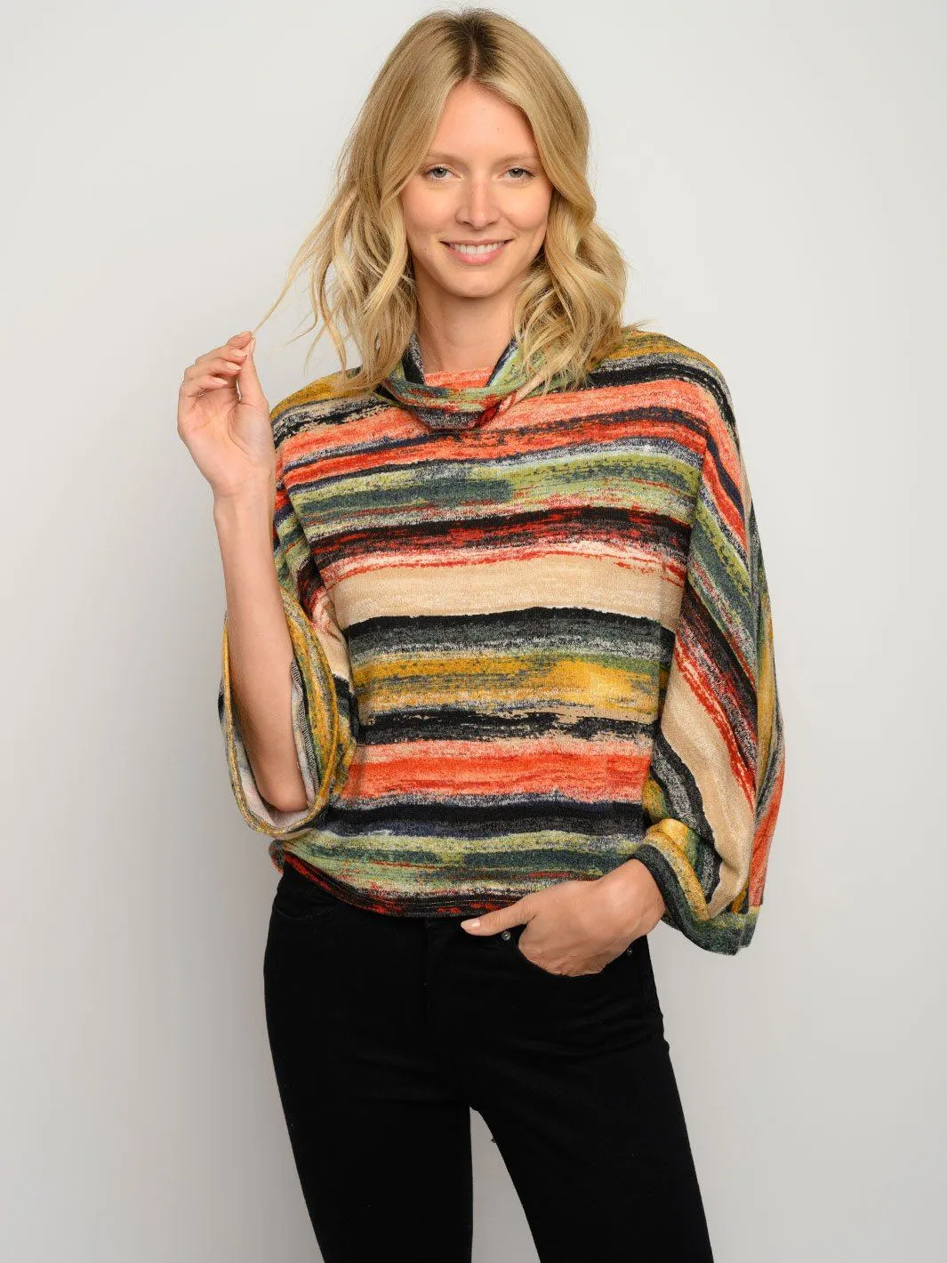 WOMEN'S MULTI STRIPES DOLMAN SLEEVE TURTLE NECK TOP
