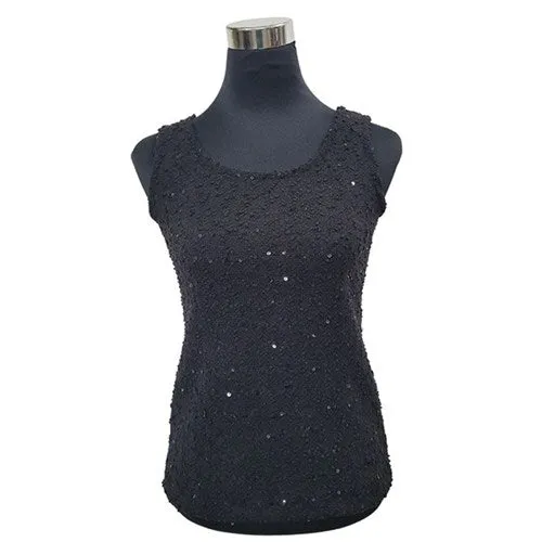 WOMEN'S ROUND NECK TANK TOP GLITTER KNIT BLACK