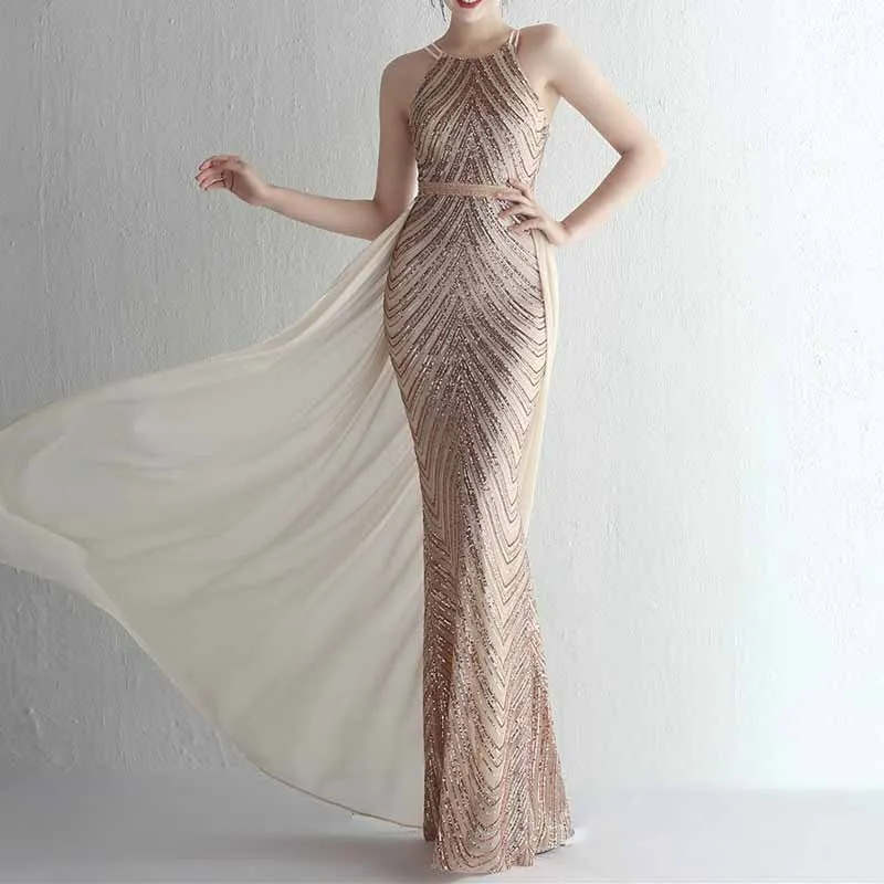Women's Sleeveless Mermaid Detachable Train Evening Prom Dresses Party Gowns