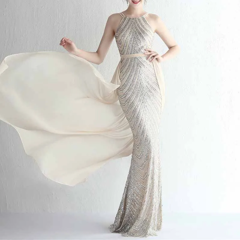 Women's Sleeveless Mermaid Detachable Train Evening Prom Dresses Party Gowns