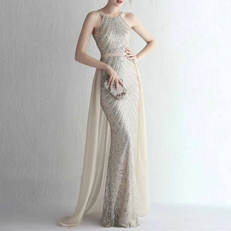 Women's Sleeveless Mermaid Detachable Train Evening Prom Dresses Party Gowns