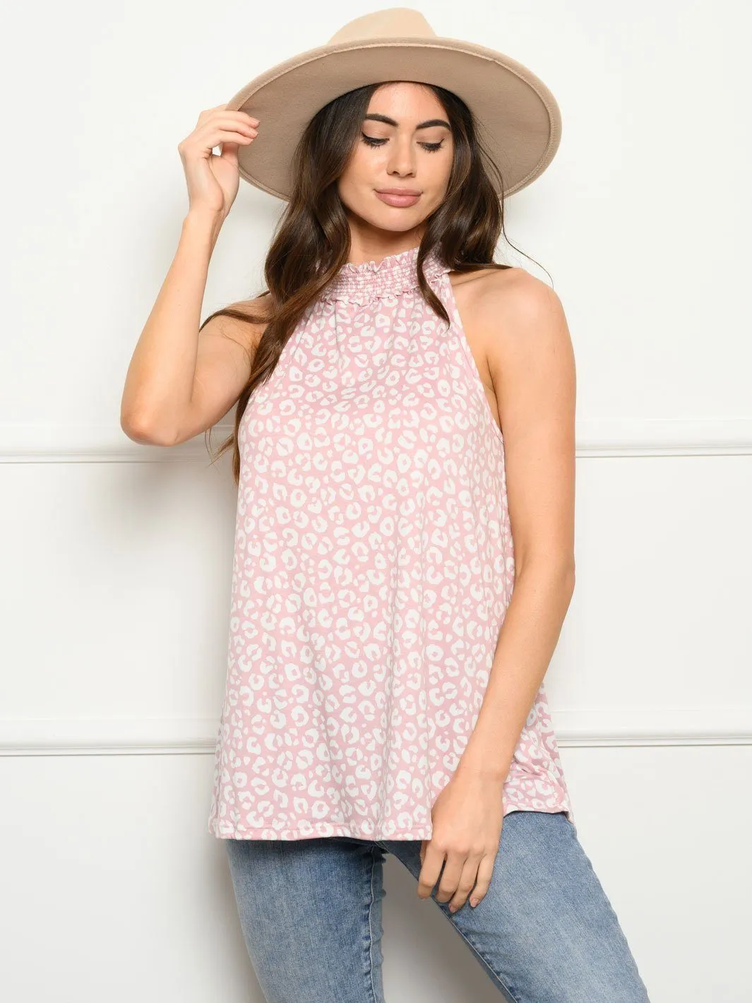 WOMEN'S SLEEVELESS TURTLE NECK ANIMAL PRINT TOP