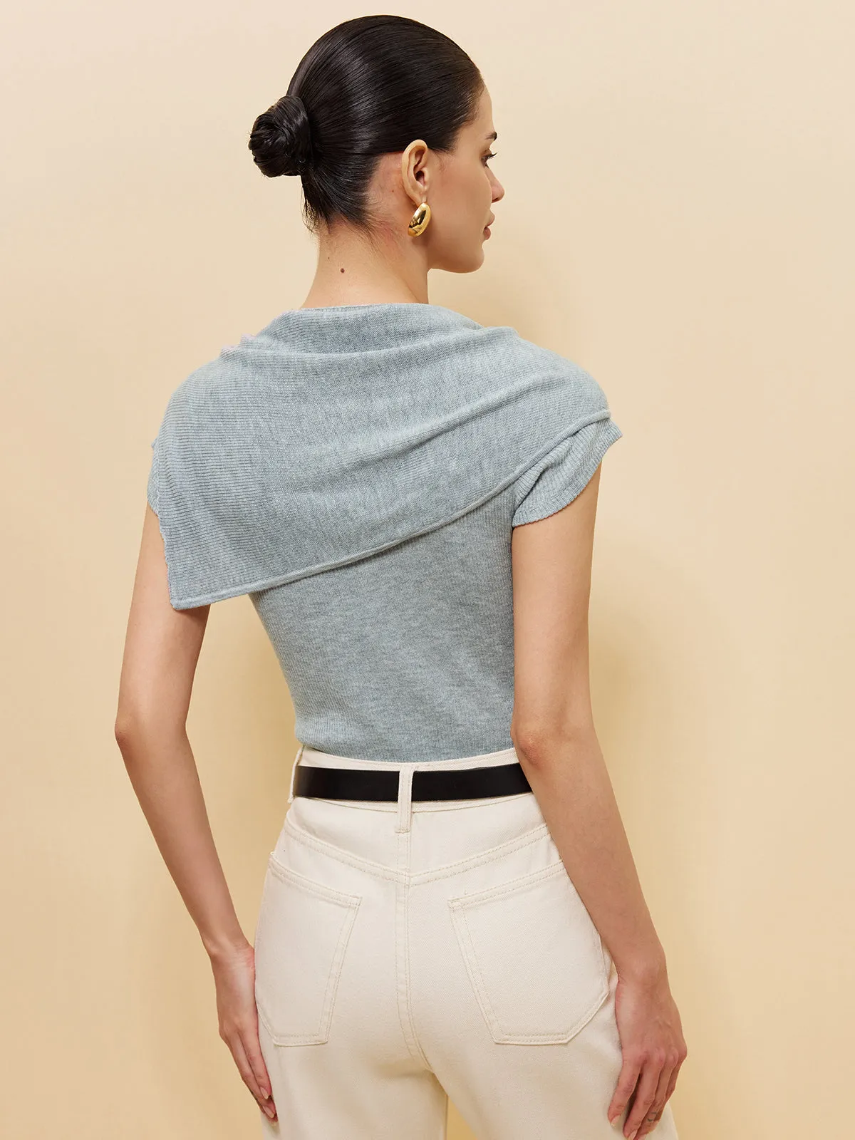 Wool-Blend Ribbed Knit Top With Tied Shawl Detail
