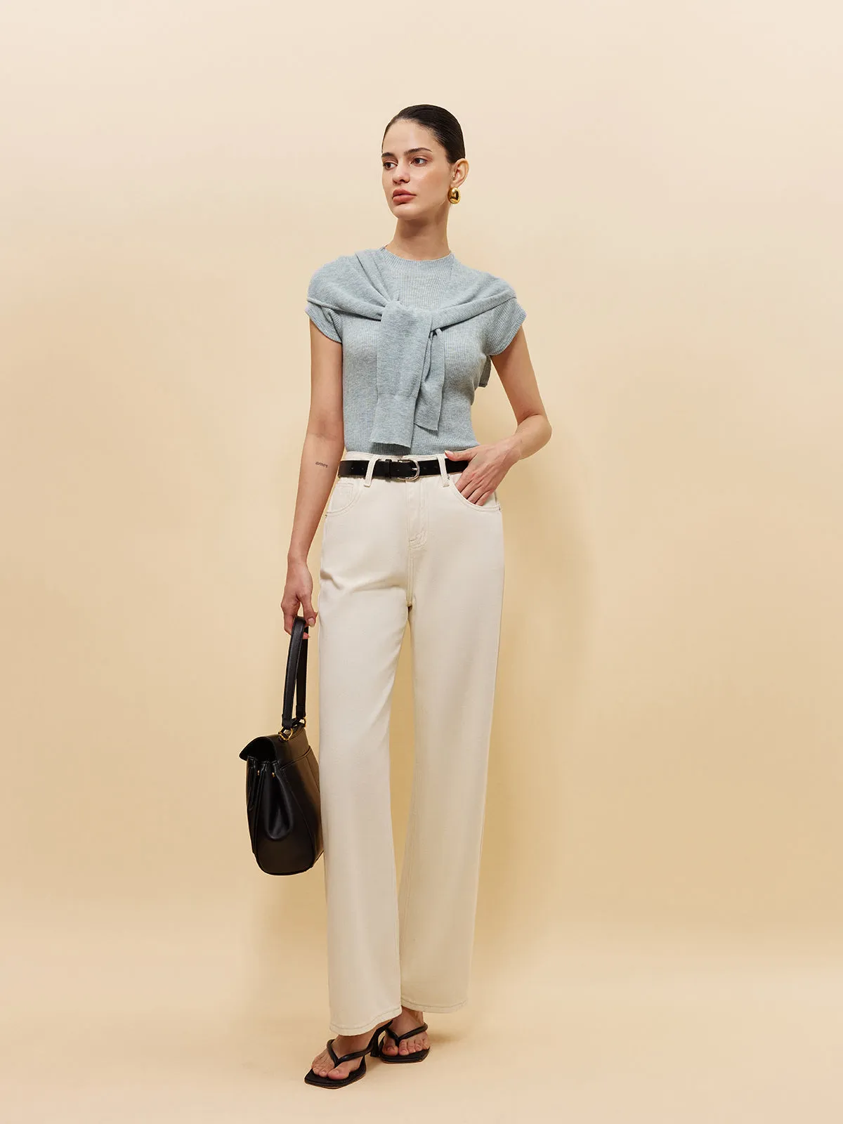 Wool-Blend Ribbed Knit Top With Tied Shawl Detail