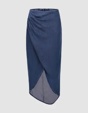 Wrapped Straight Midi Denim Skirt